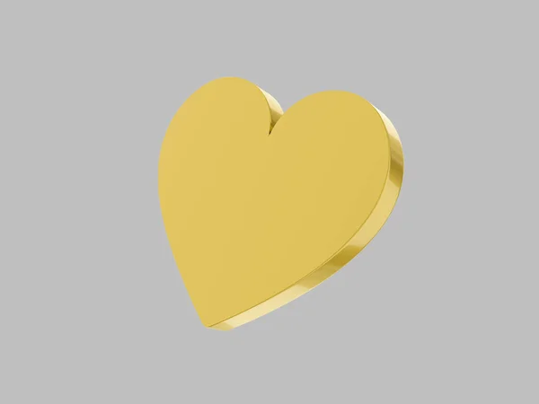 扁平的金属心脏 金色单色 爱情的象征 在一个坚实的灰色背景 底部的观点 3D渲染 — 图库照片