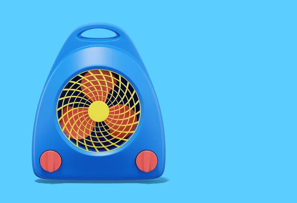 3d rendering. Multicolored fan heater on blue background with space for text. Front view