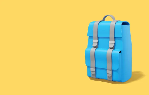 Darstellung Realistischer Blauer Touristenrucksack Auf Gelbem Hintergrund Mit Platz Für — Stockfoto