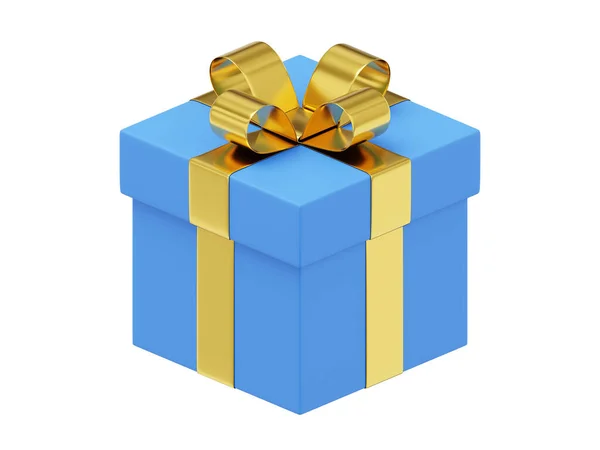 现实的蓝色礼品盒 金丝带 3D渲染 白色背景的图标 — 图库照片