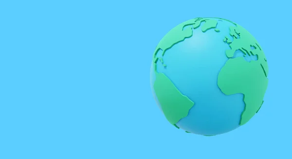 地球を ミニマリスト漫画 テキストのためのスペースと青の背景にカラフルなアイコン 3Dレンダリング — ストック写真