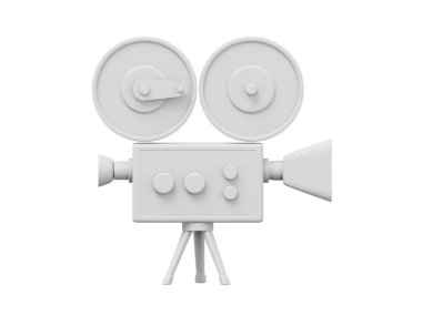 Klasik beyaz çizgi film tarzı film kamerası. Komik retro video kamera. 3 boyutlu görüntüleme. Beyaz arkaplanda simge