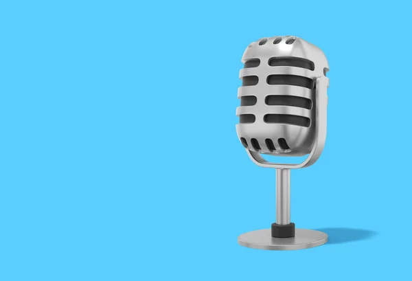 Retro Microphone Minimalist Cartoon Silver Icon Blue Background Space Text — Stock Photo, Image