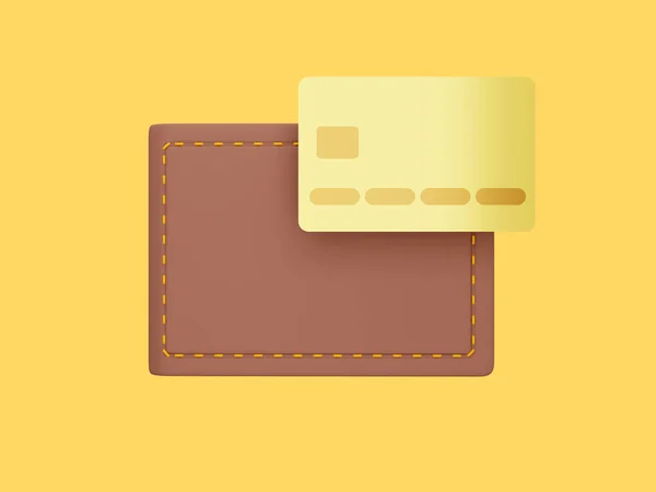 带黄底信用卡的闭锁钱包 付款概念 丰富图标 3D渲染 — 图库照片