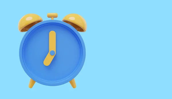 Minimal blue cartoon alarm clock. 3D rendering. Icon on blue background, space for text