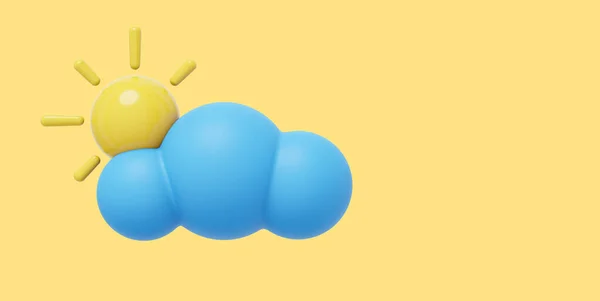 Blue cartoon cloud with sun. 3D rendering. Icon on yellow background, space for text