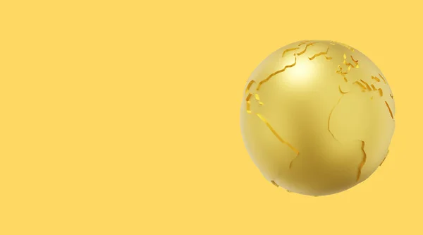 地球を ミニマリスト漫画 黄色の背景に金のアイコンとテキストのためのスペース 3Dレンダリング — ストック写真