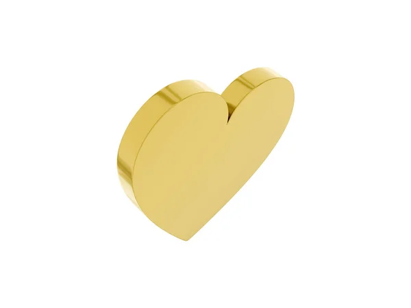 扁平的金属心脏 爱情的象征 金色单色 在白色坚实的背景上 顶部视图 3D渲染 — 图库照片