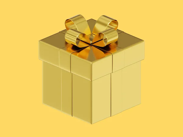 Realistische Goldene Geschenkschachtel Mit Schleife Rendering Symbol Auf Gelbem Hintergrund — Stockfoto