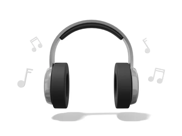 3Dレンダリング 白い背景に音楽ノートと現実的なグレーのヘッドフォン 正面図 — ストック写真