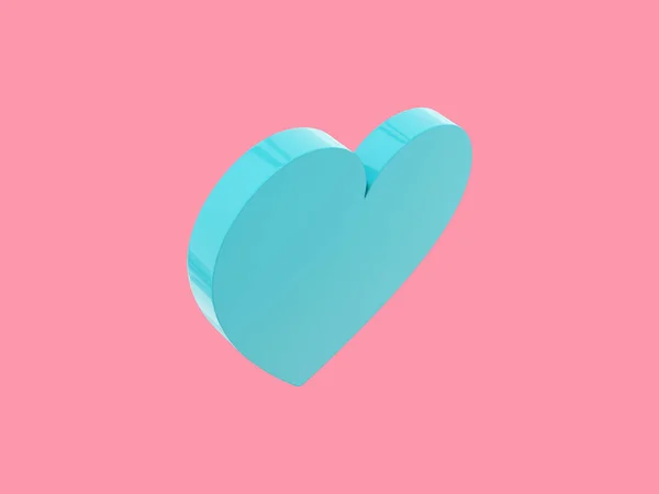 扁平的心 爱情的象征 蓝色单色 在坚实的粉红色背景上 顶部视图 3D渲染 — 图库照片