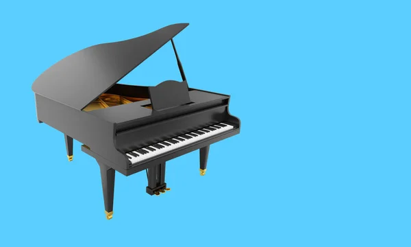 Reális Fekete Zongora Hangszer Renderelés Ikon Kék Háttérrel Hely Szövegnek — Stock Fotó
