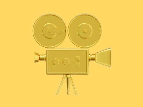 Vintage gold cartoon style movie camera. Funny retro video camera. 3D rendering. Icon on yellow background
