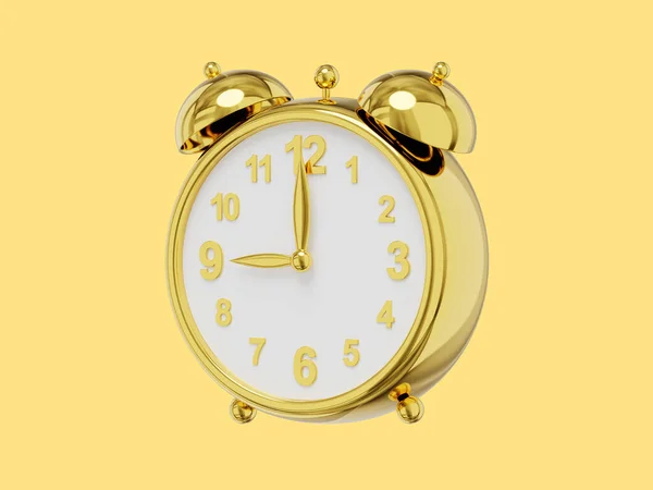 ヴィンテージ目覚まし時計メタルゴールド サイドビュー 3Dレンダリング 黄色の背景のアイコン — ストック写真