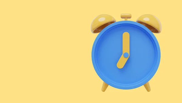 Minimal blue cartoon alarm clock. 3D rendering. Icon on yellow background, space for text