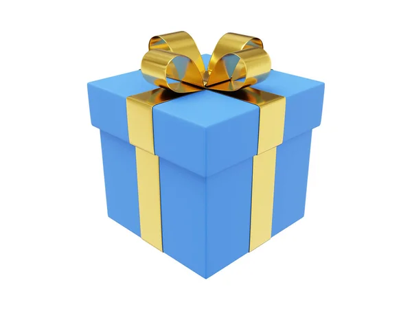 Ρεαλιστικό Μπλε Κουτί Δώρου Χρυσή Κορδέλα Απόδοση Εικονίδιο Λευκό Φόντο — Φωτογραφία Αρχείου