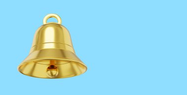 Bell metal gold, notification symbol. 3D rendering. Icon on blue background, space for text clipart