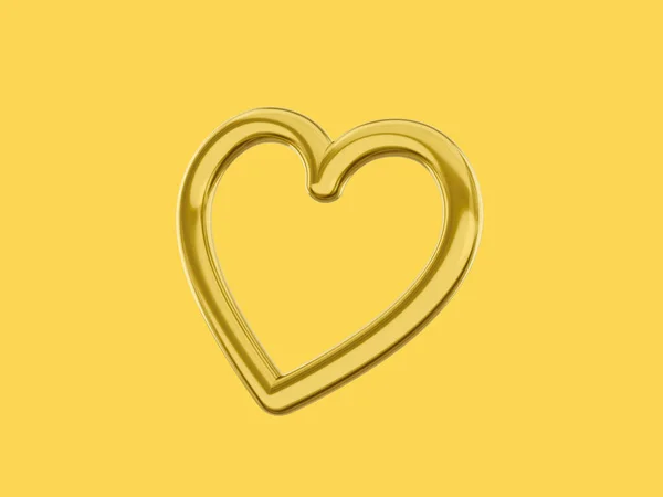 おもちゃの金属心 愛の象徴 金色の1色 黄色の平らな背景に 一番下だ 3Dレンダリング — ストック写真