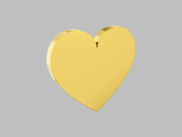 扁平的金属心脏 金色单色 爱情的象征 在一个坚实的灰色背景 看左边 3D渲染 — 图库照片