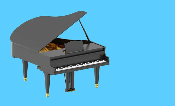 Realistic black grand piano, musical instrument. 3d rendering. Icon on blue background, space for text