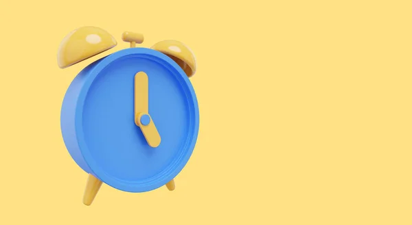 Minimal blue cartoon alarm clock, side view . 3D rendering. Icon on yellow background, space for text