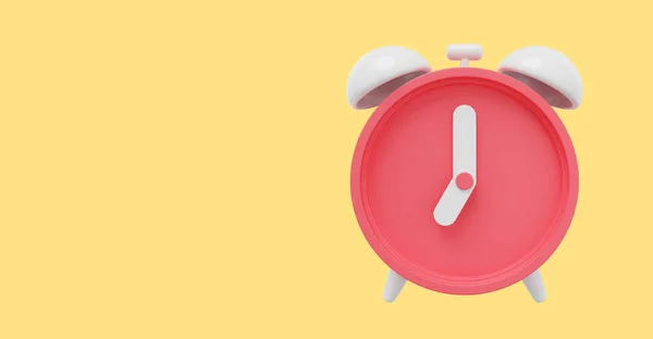 Minimal red cartoon alarm clock. 3D rendering. Icon on yellow background, space for text