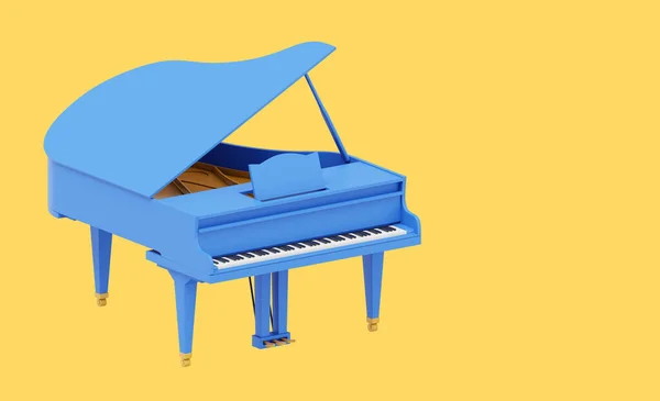 Blue grand piano, musical instrument. 3d rendering. Icon on yellow background, space for text