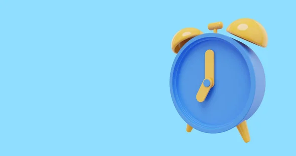 Minimal blue cartoon alarm clock, side view . 3D rendering. Icon on blue background, space for text