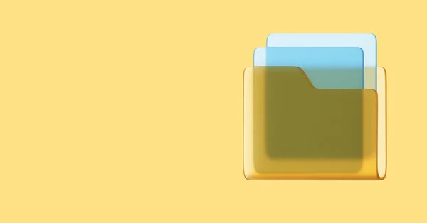 Glass computer folder with sheets of paper, files, interface element, side view. 3D rendering. Icon on yellow background, space for text