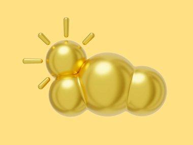 Cartoon cloud with sun gold metal. 3D rendering. Icon on yellow background