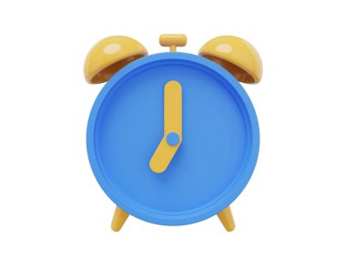 Minimal blue cartoon alarm clock. 3D rendering. Icon on white background