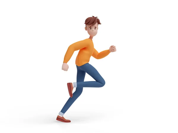 ３人の若い男が走ってる カジュアル服 セーターやジーンズで面白い漫画の男の肖像画 ミニマルなスタイルのキャラクター 白い背景の3Dイラスト — ストック写真