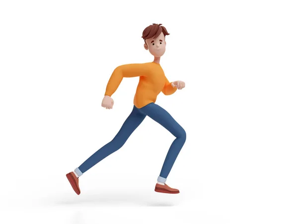 ３人の若い男が走ってる カジュアル服 セーターやジーンズで面白い漫画の男の肖像画 ミニマルなスタイルのキャラクター 白い背景の3Dイラスト — ストック写真