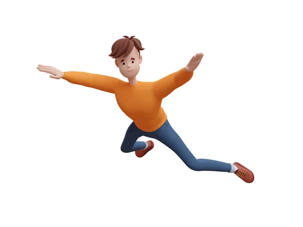 Junger Positiver Mann Springt Und Fliegt Einer Dynamischen Pose Porträt — Stockfoto