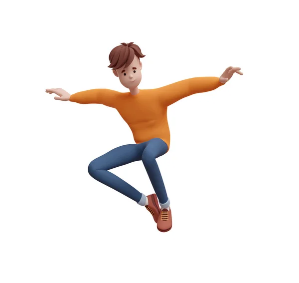 Junger Positiver Mann Springt Und Fliegt Einer Dynamischen Pose Porträt — Stockfoto
