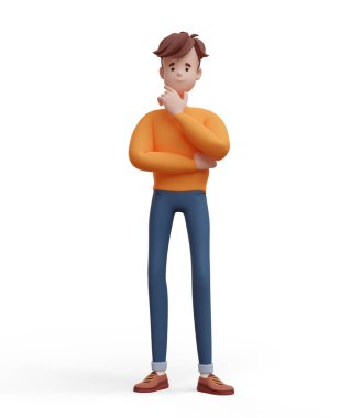 Üç boyutlu genç adam düşünüyor, karar veriyor, hayal kuruyor. Sıradan kıyafetler giymiş komik bir çizgi film karakterinin portresi. Minimalist stilize karakter. Beyaz arkaplanda 3B illüstrasyon.