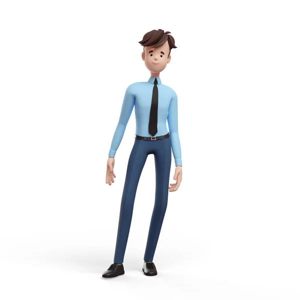 3D商人站在那里放松 一个穿着衬衫和领带的滑稽卡通人物的画像 角色经理 经纪人 经纪人 白色背景的3D插图 — 图库照片