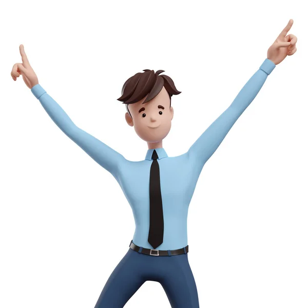 Adamı Ellerini Kaldırarak Kutlama Yapıyor Gömlek Kravatlı Komik Bir Karikatürcünün — Stok fotoğraf