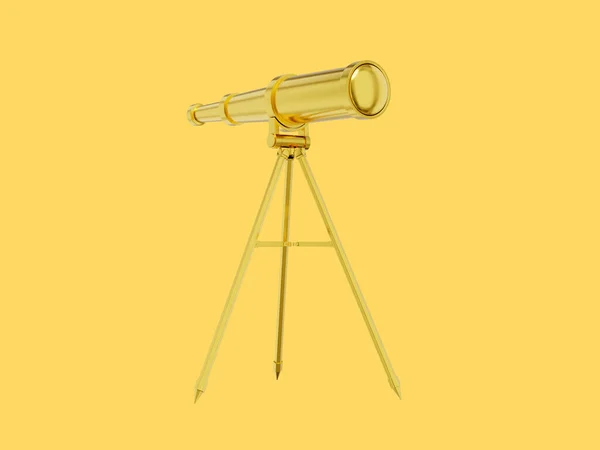望远镜黄金金属 3D渲染 黄色背景的图标 — 图库照片
