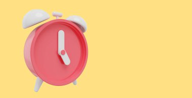 Minimum kırmızı çizgi film alarm saati, yan görüş. 3 boyutlu görüntüleme. Sarı arkaplanda simge, metin için boşluk