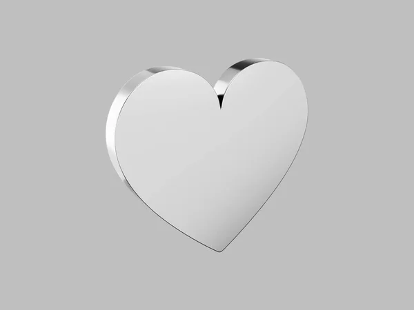 Flat metal heart. Silver one color. Symbol of love. On a plain gray background. View left side. 3d rendering