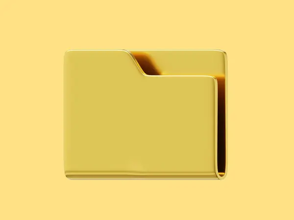 Empty computer folder gold metal, side view. 3d rendering. Icon on yellow background