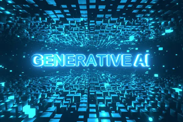 Generative Text Rotating Cube Platforms Cyberspace High Tech Neon Illustration Stock Picture