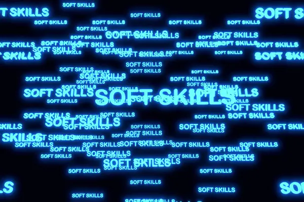 Soft Skills Text Rotating Clouds Neon Holographic Words High Tech Stock Picture