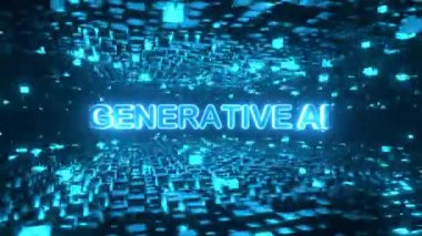 Siber uzayda dönen küp platformları içinde üretici yapay zeka metni. Yüksek teknoloji neon 3 boyutlu animasyon