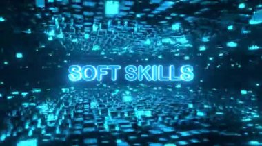 Siber uzayda dönen küp platformları içinde yumuşak beceriler metni. Yüksek teknoloji neon 3 boyutlu animasyon.