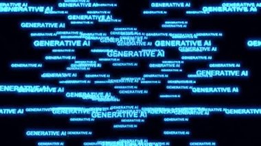 Dönen neon holografik kelime bulutları içinde üretici yapay zeka metni. Yüksek teknoloji neon 3 boyutlu animasyon.