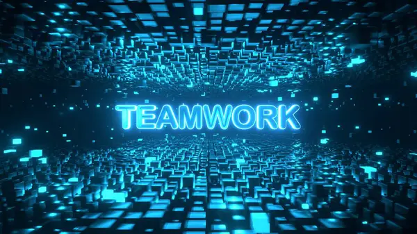 Teamwork Text Rotating Cube Platforms Cyberspace High Tech Neon Illustration Imagen De Stock