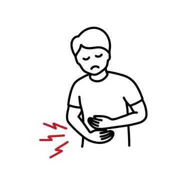 Bdominal ağrısı olan karakter. Acil durum akut ağrısı. Apandisit, acı verici regl. doodle simgesi, vektör çizgisi çizimi