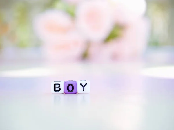 Boy Alphabet Letters Blurred Pink Flowers — Stock Photo, Image